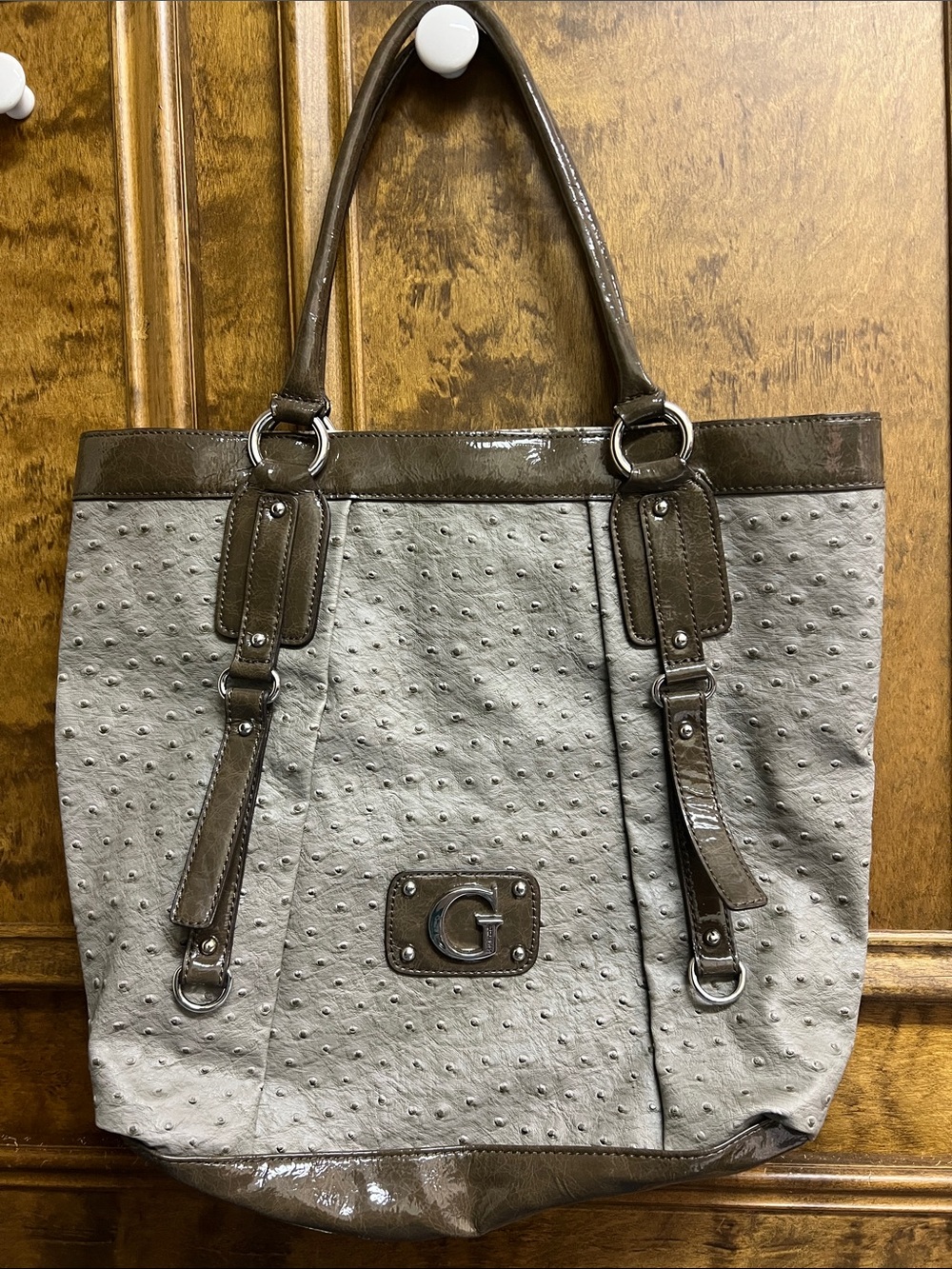 Guess Gray and Brown Faux-Ostrich Tote